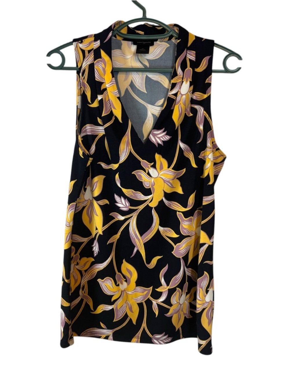 Ann Taylor Black Sleeveless V-Neck Tank with Mustard yellow Floral Print Size XS